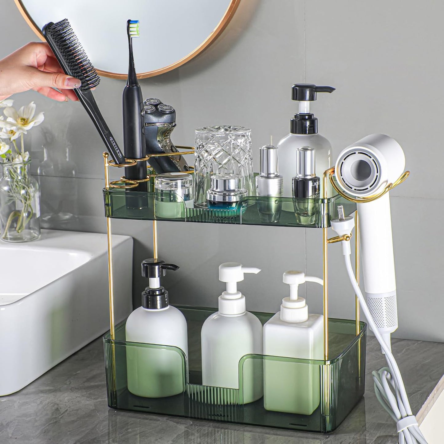 2 Tier Bathroom Counter Organizer with Hair Dryer Holder, Modern Style, Countertop Mount, 2 Shelves, Green