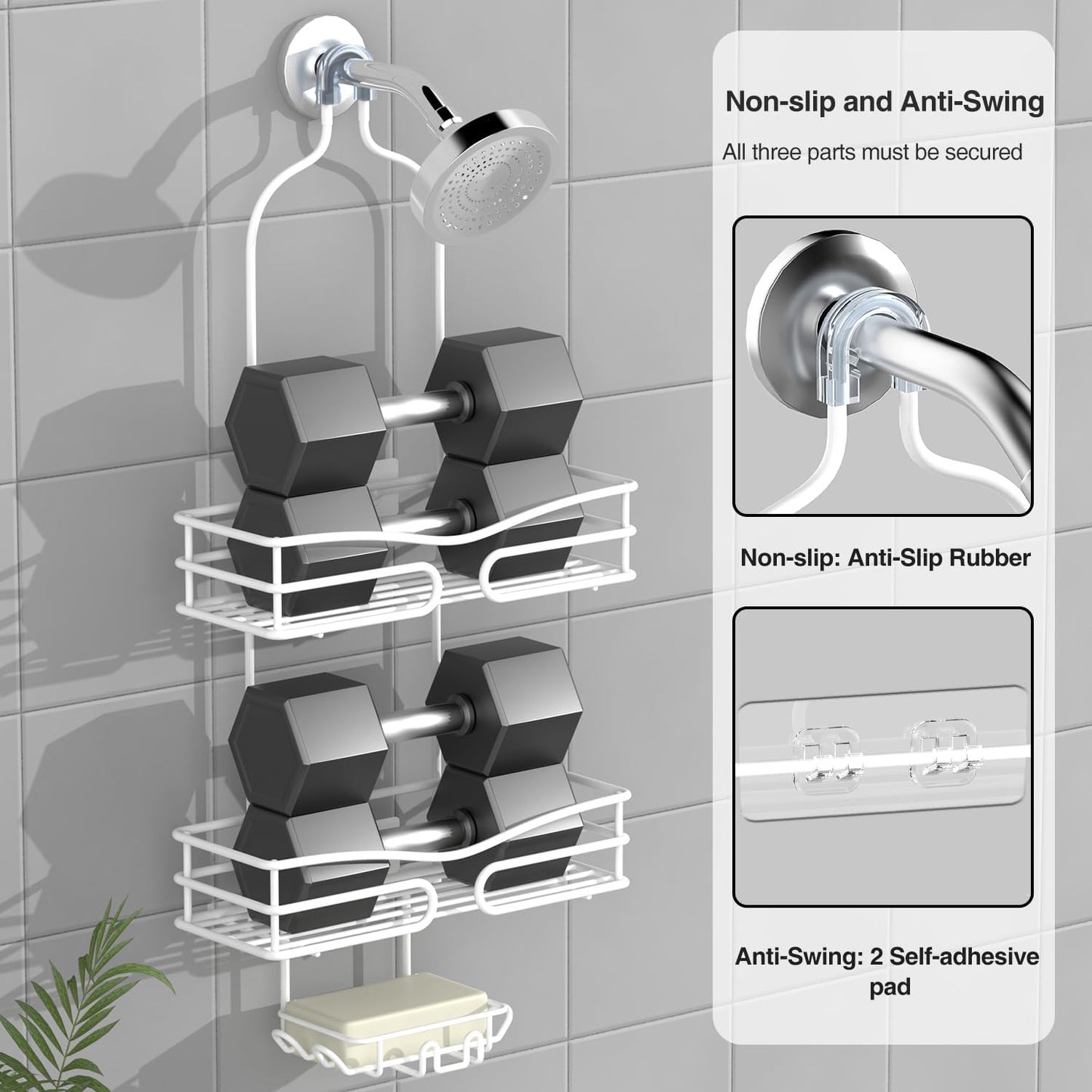 Over Head Shower Caddy - Bathroom Shower Organizer with Soap Holder & 6 Hooks for Towels, White, 76L Capacity, Hanging Mount, Rust Resistant