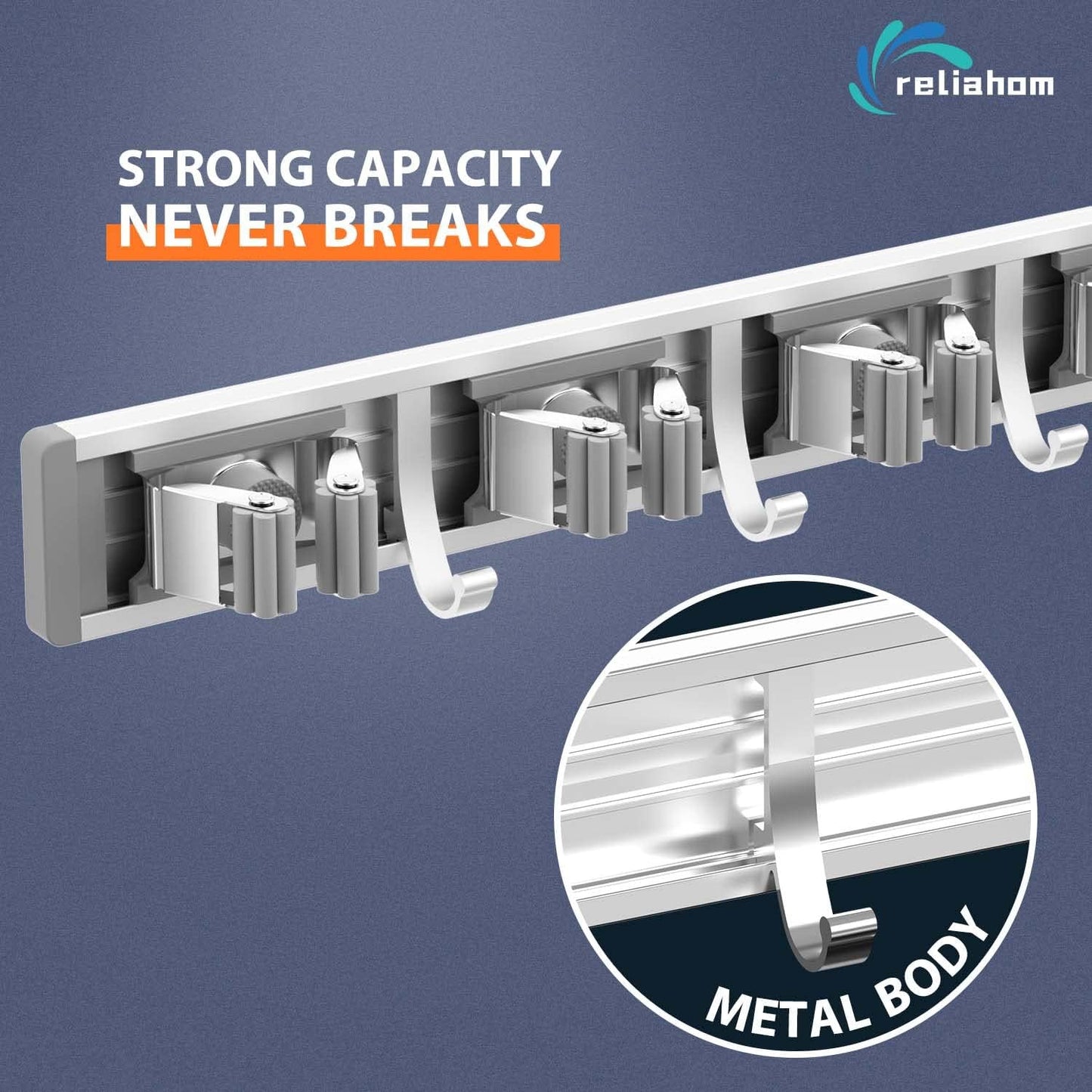 reliahom 2 Pack Broom Holder Wall Mount Mop and Broom Hanger Wall Mounted Garage Storage Rack Kitchen Garden Tool Organizer (5 Racks with 4 Hooks, Silver)