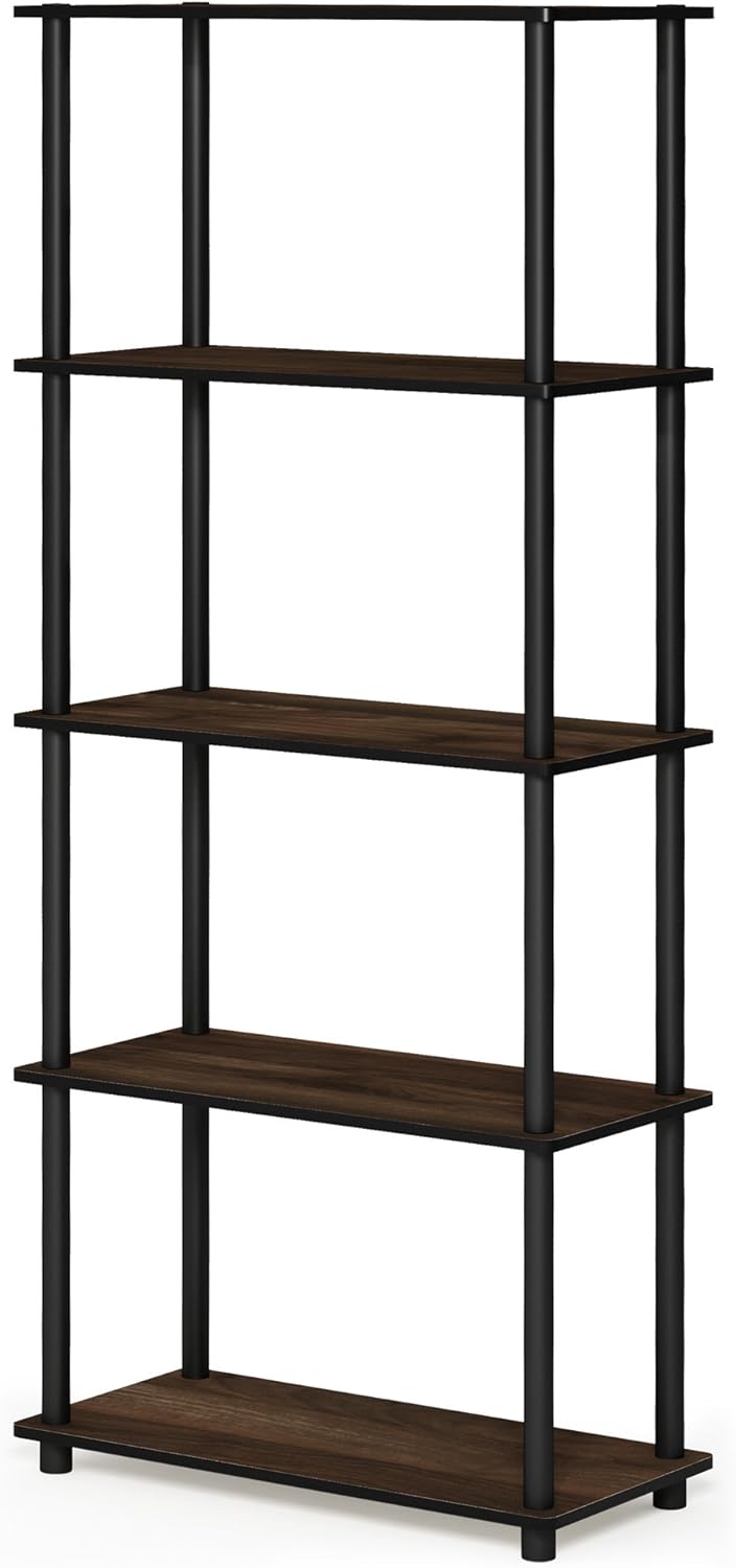 Furinno TURN-N-TUBE Storage Shelves, 5-Tier Book Shelf, Corner Shelf, Toolless Open Shelves, for Organization and Storage, Living Room, Garage, Home Office, Columbia Walnut