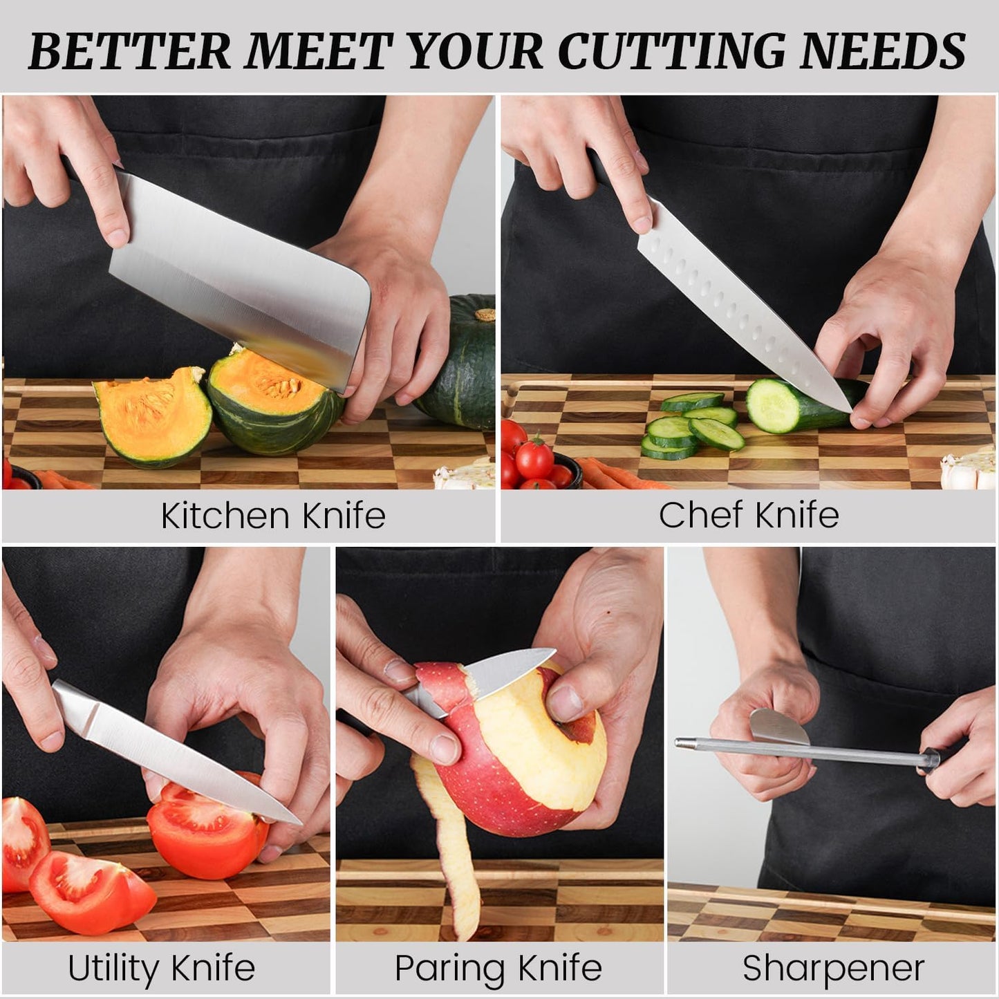 Kitchen Knife Set, Retrosohoo 8-Piece Grey Sharp Non-Stick Coated Chef Knives Block Set,Stainless Steel Knife Set for Kitchen with Sharpener for Cutting Slicing Dicing Chopping (Grey)