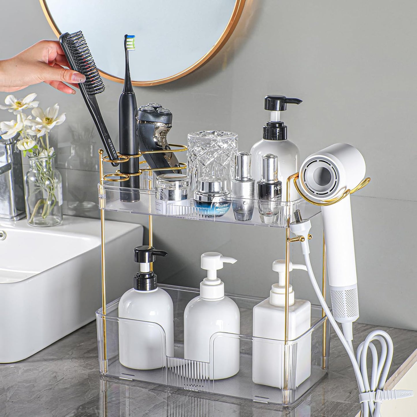 2-Tier Bathroom Counter Organizer with Hair Dryer Holder, Modern Style, Cosmetics & Skincare Shelf Organizer