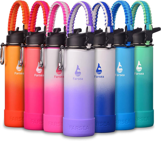Farsea Insulated Water Bottle With Paracord Handle, Protective Silicone Boot and 2 Lids (Straw Lid & Spout Lid), Stainless Steel Water Bottle Wide Mouth, Double Wall Sweat-Proof BPA-Free, 24 oz