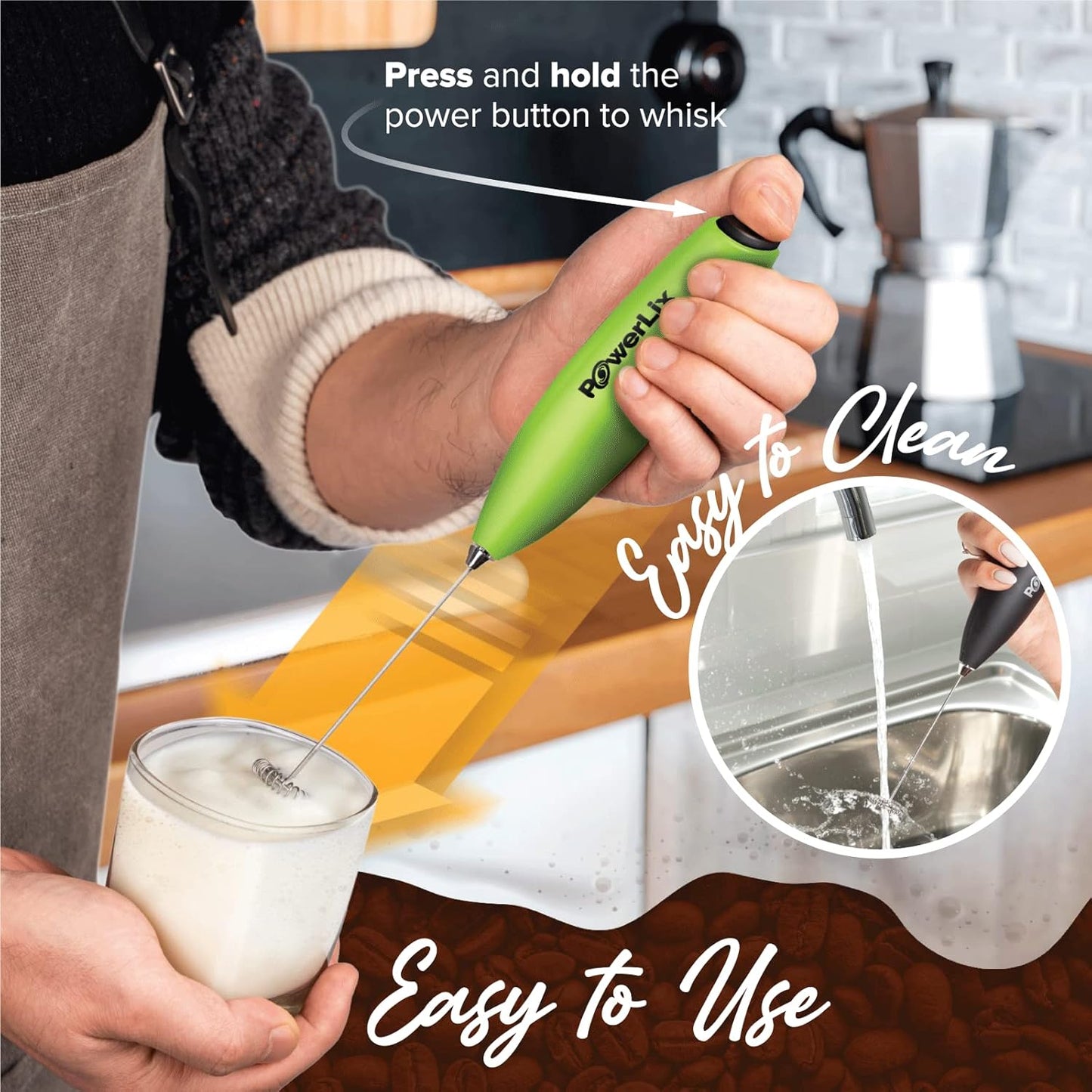 PowerLix Powerful Handheld Milk Frother With Stand Battery Operated Foam Maker Frother Wand For Coffee (A Black) (Green)