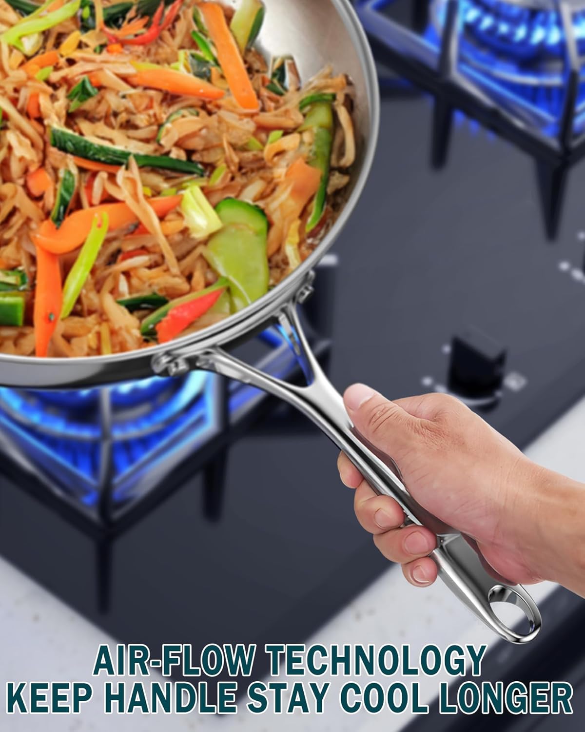 Cooks Standard Multi-Ply Clad Stainless Steel Wok Stir Fry Pan, 10.5 inch Induction Wok with Lid, Flat Bottom Wok, Silver