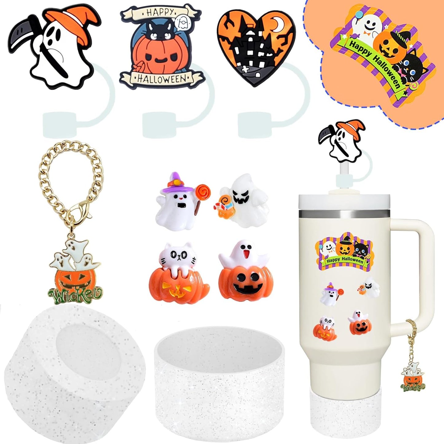 Stanley Cup Accessories Set,Including 3 Pcs 0.4in Halloween Straw Cover, 5 Pcs Halloween 3D&Flat Stickers, 1 Pcs Handle Charm, 1 Silicone Boot Fits Stanley 40&30 Oz Tumbler (Glitter Transparent)