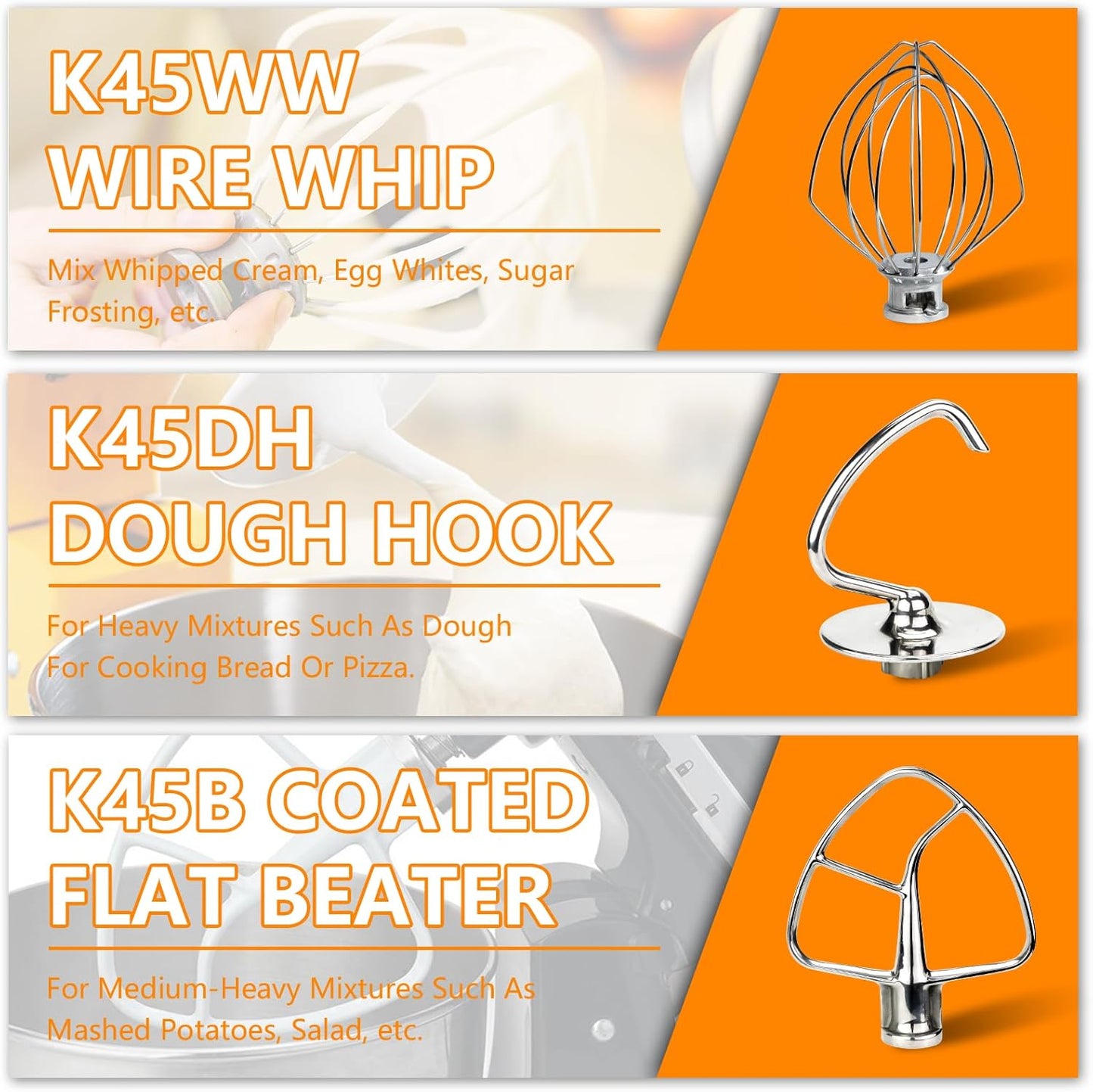 Funmit Mixers Accessories Stainless Steel Attachments Replacement for Kitchen-aid Mixers, K45WW Wire Whip, K45DH Dough Hook, K45B Coated Flat Blade Paddle, Kitchen Tilt-Head Aid Stand Mixer Attachment
