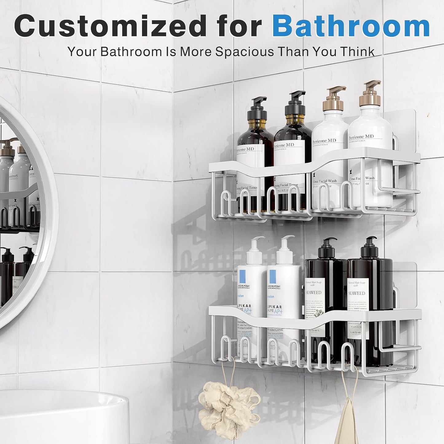 Shower Caddy 2 Pack,Adhesive Shower Organizer for Bathroom Storage&Home Decor&Kitchen organizers and storage,No Drilling,Large Capacity,Rustproof Stainless Steel Bathroom Organizer,Bathroom Decor Sets