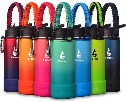 Farsea Insulated Water Bottle With Paracord Handle, Protective Silicone Boot and 2 Lids (Straw Lid & Spout Lid), Stainless Steel Water Bottle Wide Mouth, Double Wall Sweat-Proof BPA-Free, 18 oz