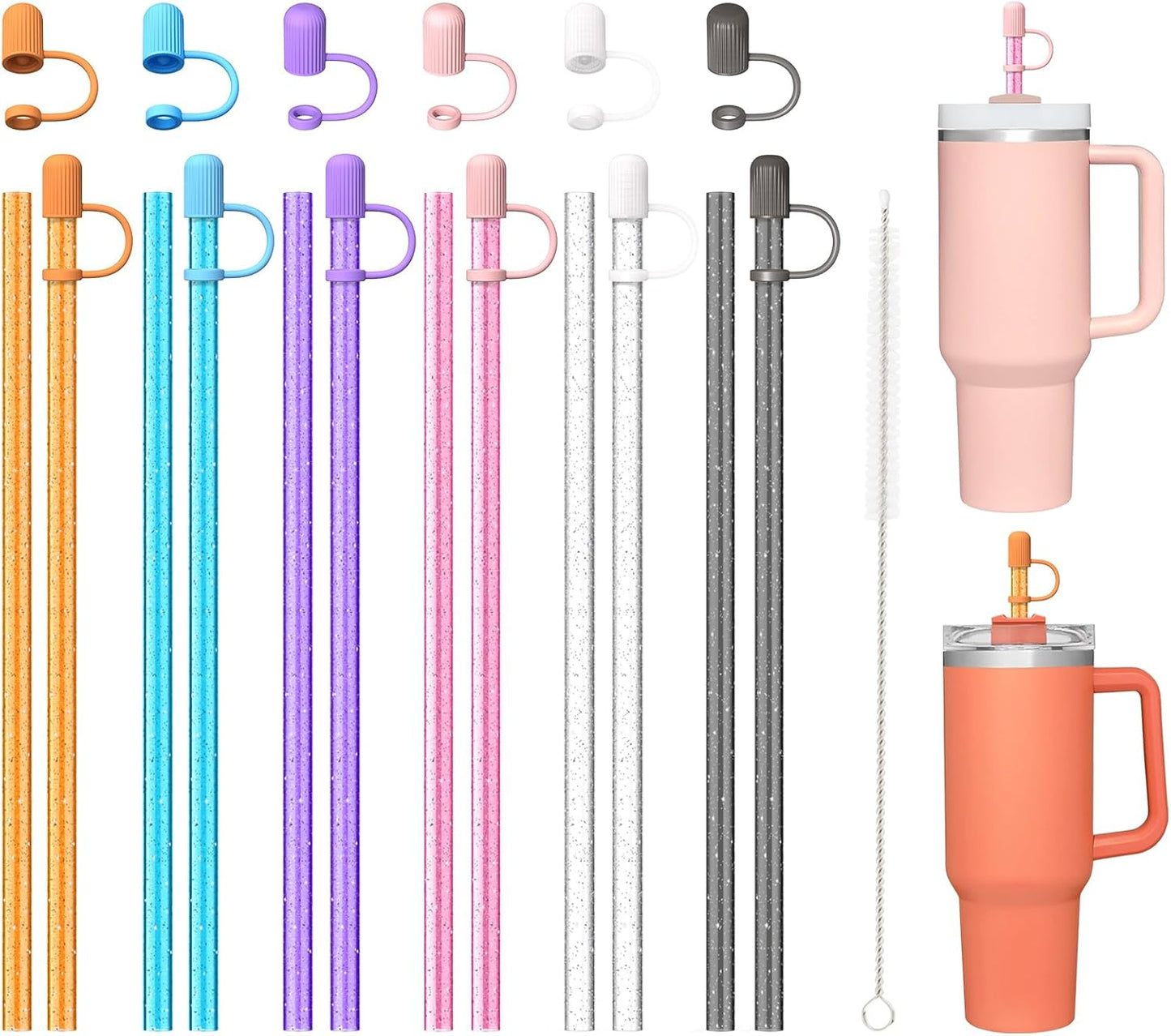 12 Color Replacement Straws with Cover Caps for Stanley Cup 40 oz 30 oz 20 oz 14 oz 64 oz Tumbler, Reusable Drinking Straws with Topper, Stopper, Cleaning Brush for Stanley Cup Accessorie