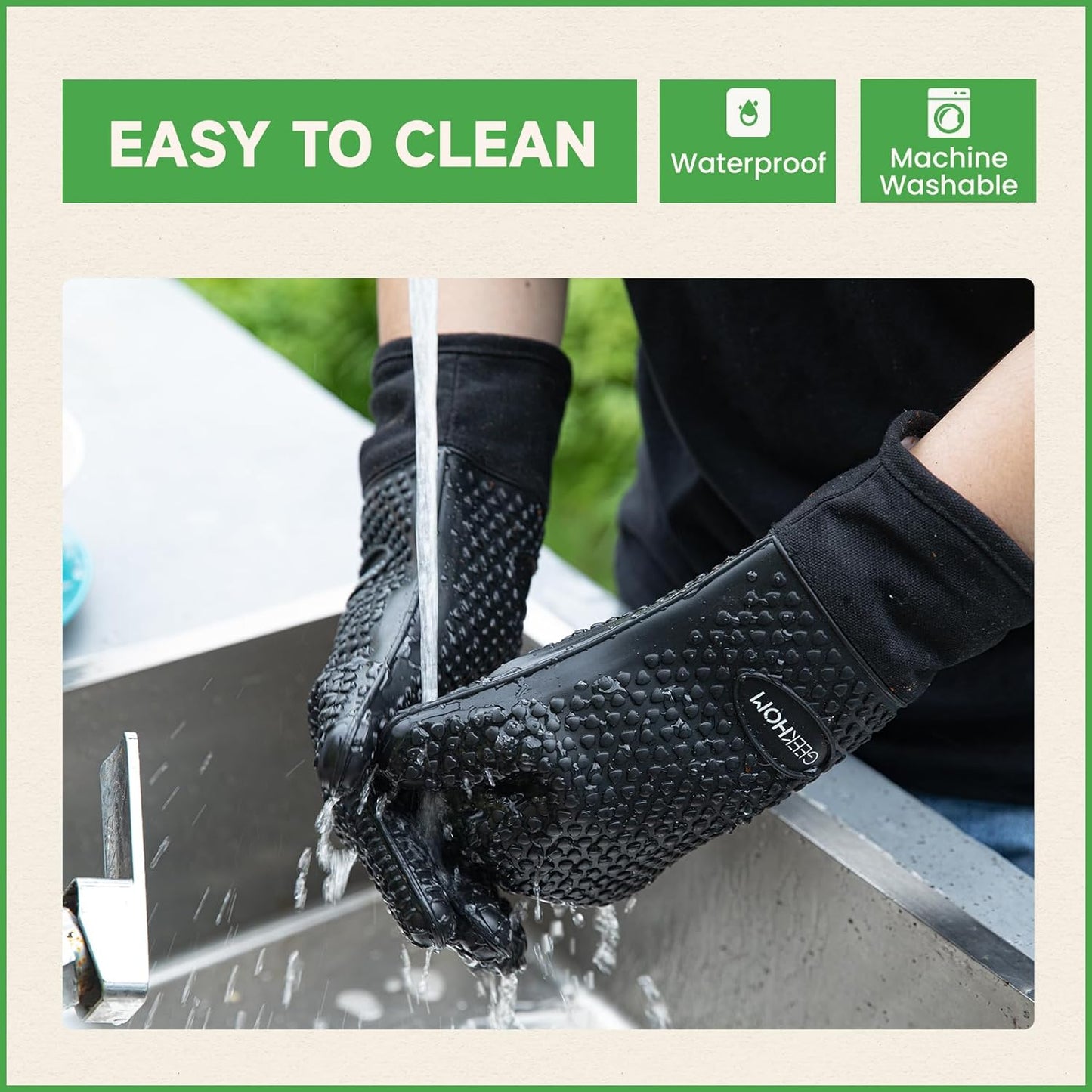 GEEKHOM Silicone Oven Gloves Heat Resistant BBQ Gloves with Cotton Lining for Kitchen Cooking, Baking & Grill Accessories, Waterproof Non-Slip Grill Mitts for Men Women, Dishwasher Safe