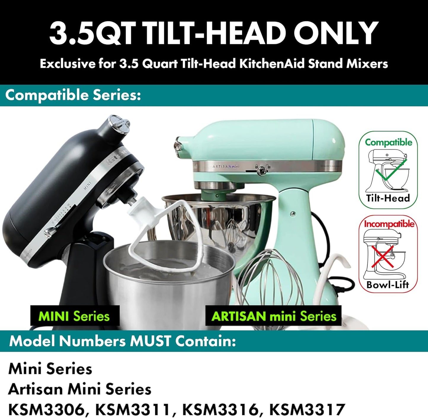 Spiral Dough Hook Replacement for KitchenAid 3.5 Qt. Tilt-Head Stand Mixers/Polished 18/8 Stainless Steel Accessories/No coating/Dishwasher Safe/Compatible for KSM3311/3316/ Artisan Mini Series