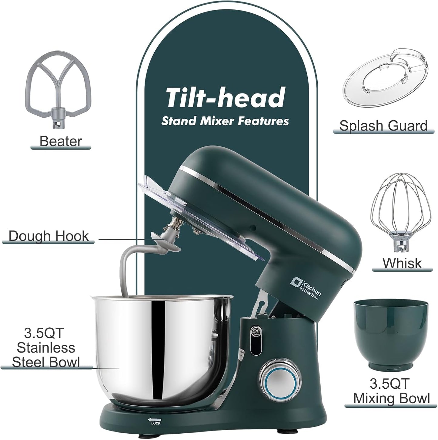 Kitchen in the Box Stand Mixer, 3.5QT Two Bowls Small Kitchen Electric Mixer, 10-Speed Portable Lightweight with Matte Finish, Egg Whisk, Dough Hook, Beater (Turquoise Green, 3.5QT)