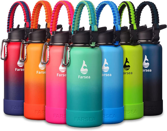 Farsea Insulated Water Bottle With Paracord Handle, Protective Silicone Boot and 2 Lids (Straw Lid & Spout Lid), Stainless Steel Water Bottle Wide Mouth, Double Wall Sweat-Proof BPA-Free, 32 oz