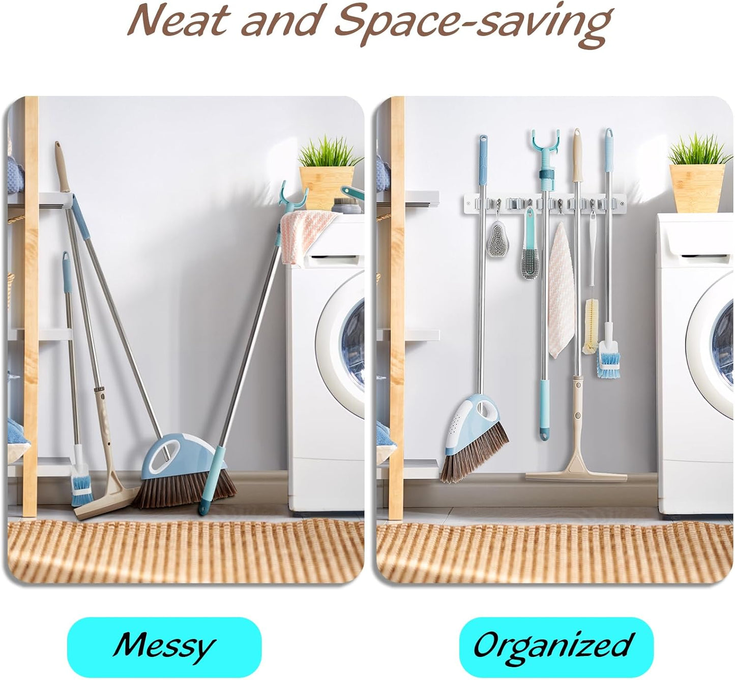 Mop and Broom Holder Wall Mount - White Broom Mop Hanger - Wall Mounted Garden Tool Rack Organizer for Closet Garage Laundry Room Kitchen Decor With 5 Slots & 4 Hooks