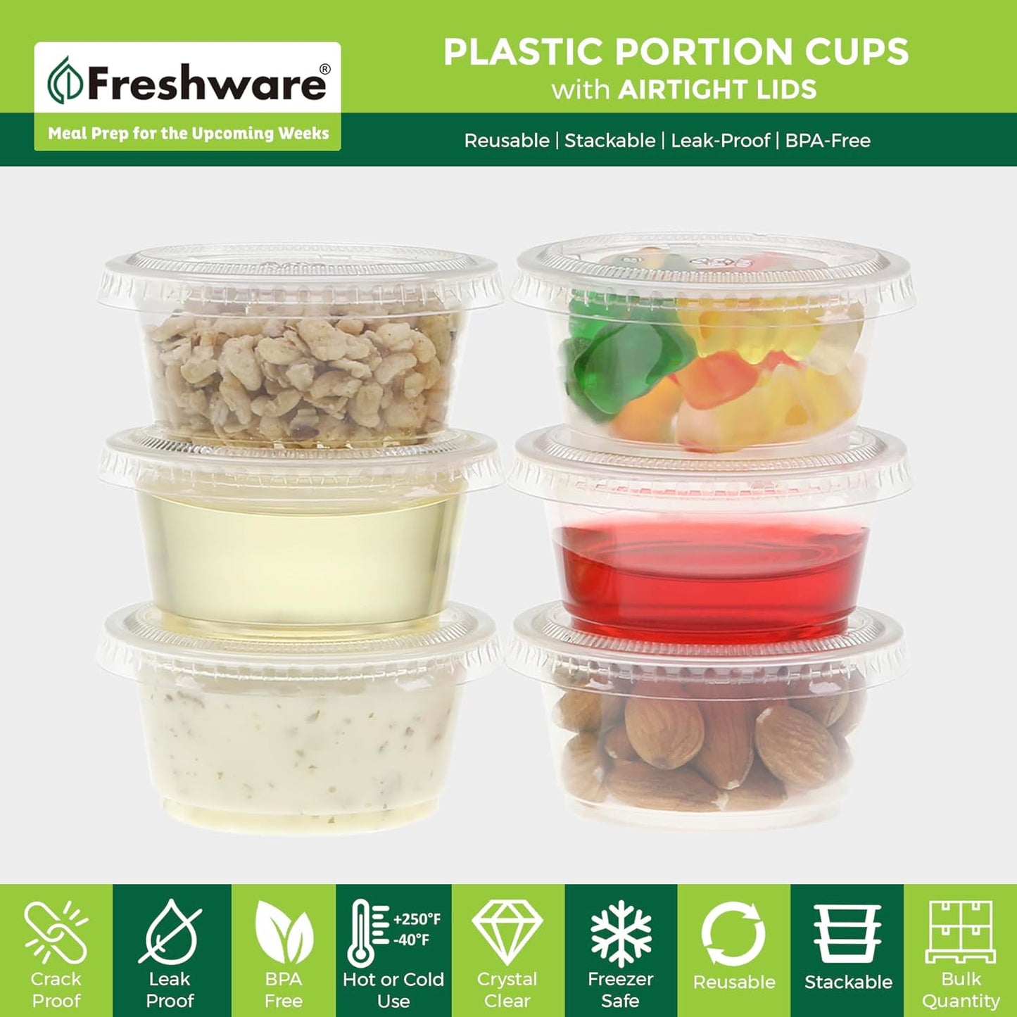 Freshware Plastic Portion Cups with Lids [2 Ounce, 200 Sets] Disposable Plastic Cups for Meal Prep, Salad Dressing, Jellos Shot Cups, Souffle Cups, Condiment and Dipping Sauce Cups