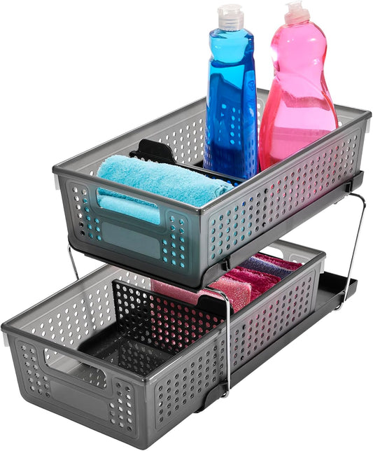 madesmart 2-Tier Organizer, Multi-Purpose Slide-Out Storage with Handles and Dividers for Home and Bath, Easy Assembly, BPA Free, Carbon