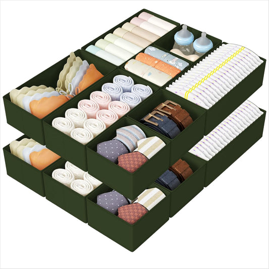 DIMJ Drawer Organizers Clothes, Set of 16 Dresser Organizer Bins, Fabric Closet Organizers and Storage, Shallow Drawer Dividers for Nursery, Clothing, Baby Clothes, Socks, Underwears, Tie (Green)