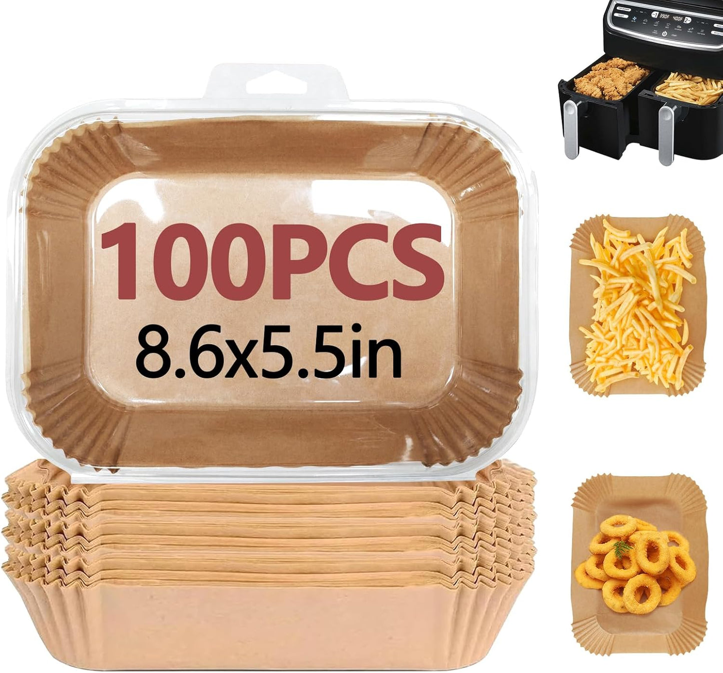 100PCS Air Fryer Liners for Ninja, 8.6 x 5.5 inch Disposable Air Fryer Paper Dual Basket, Non-Stick Unbleached Parchment Paper Baking Accessories Liners for Natural Ninja DZ201 DZ401