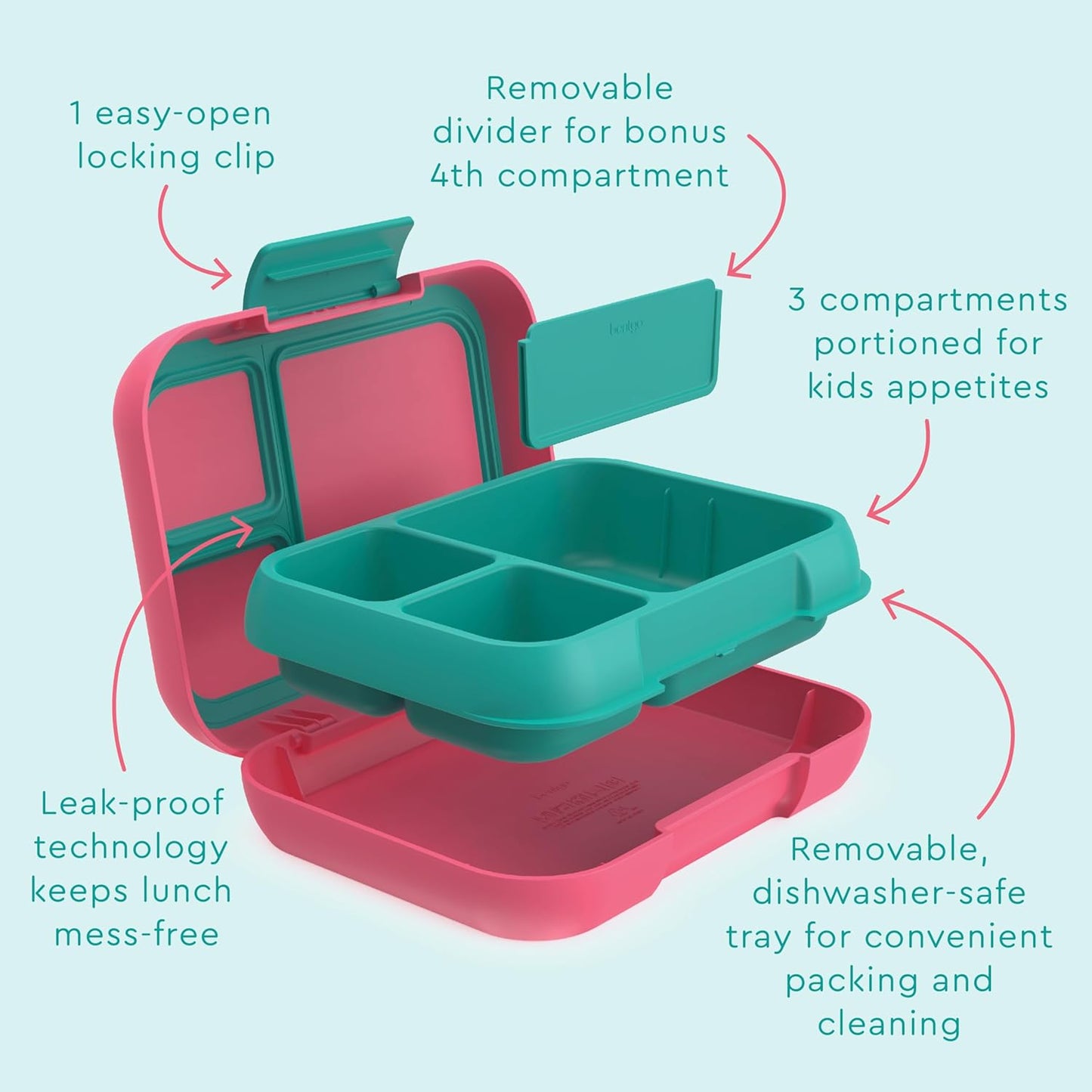 Bentgo Pop - Leak-Proof Lunch Box & Removable Divider for Ages 8+ & Teens - Lunch Container Holds 5 Cups of Food; 3-4 Compartments; Microwave/Dishwasher Safe; 2 Year Warranty (Bright Coral/Teal)