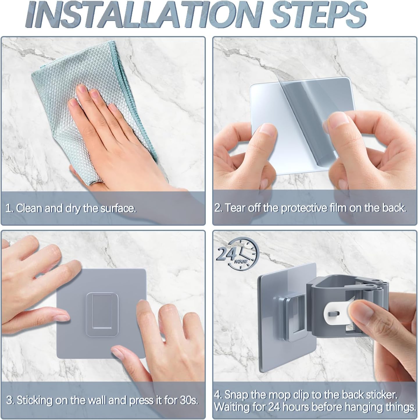 3-H 40-Pack Self Adhesive Broom Holder Wall Mount - Heavy Duty No Drill Broom Organizer for Garage Closet Kitchen, Plastic Storage Rack for Brooms Mops Tools, Grey