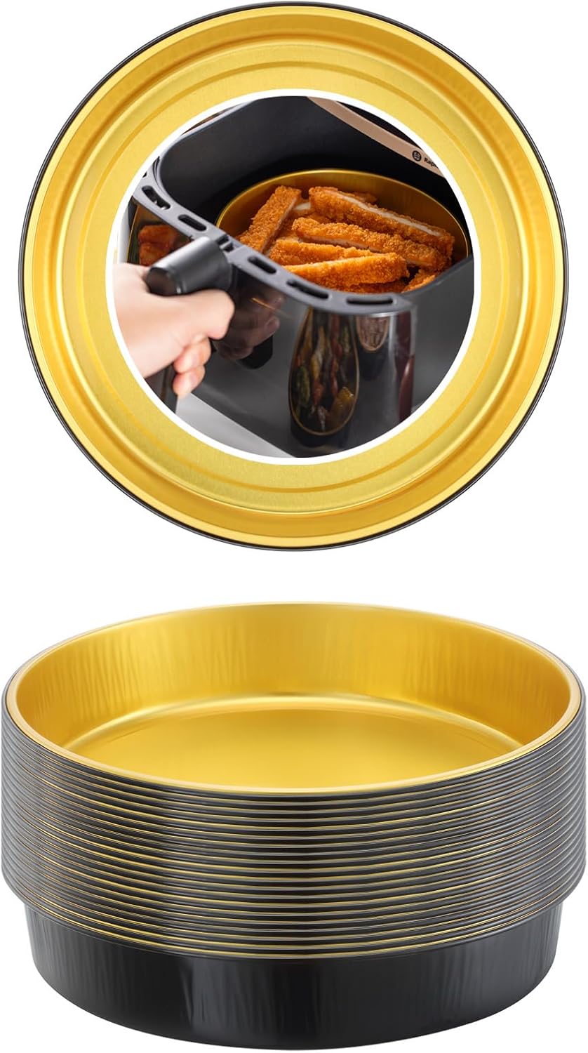 Reusable Aluminum Foil Air Fryer Pans, 20-Pack, 7.1-Inch Diameter, 1.6-Inch Depth, 24.5-Ounce Capacity, Food-Grade, Black & Gold, Thickened for High Temperatures, Dishwasher Safe