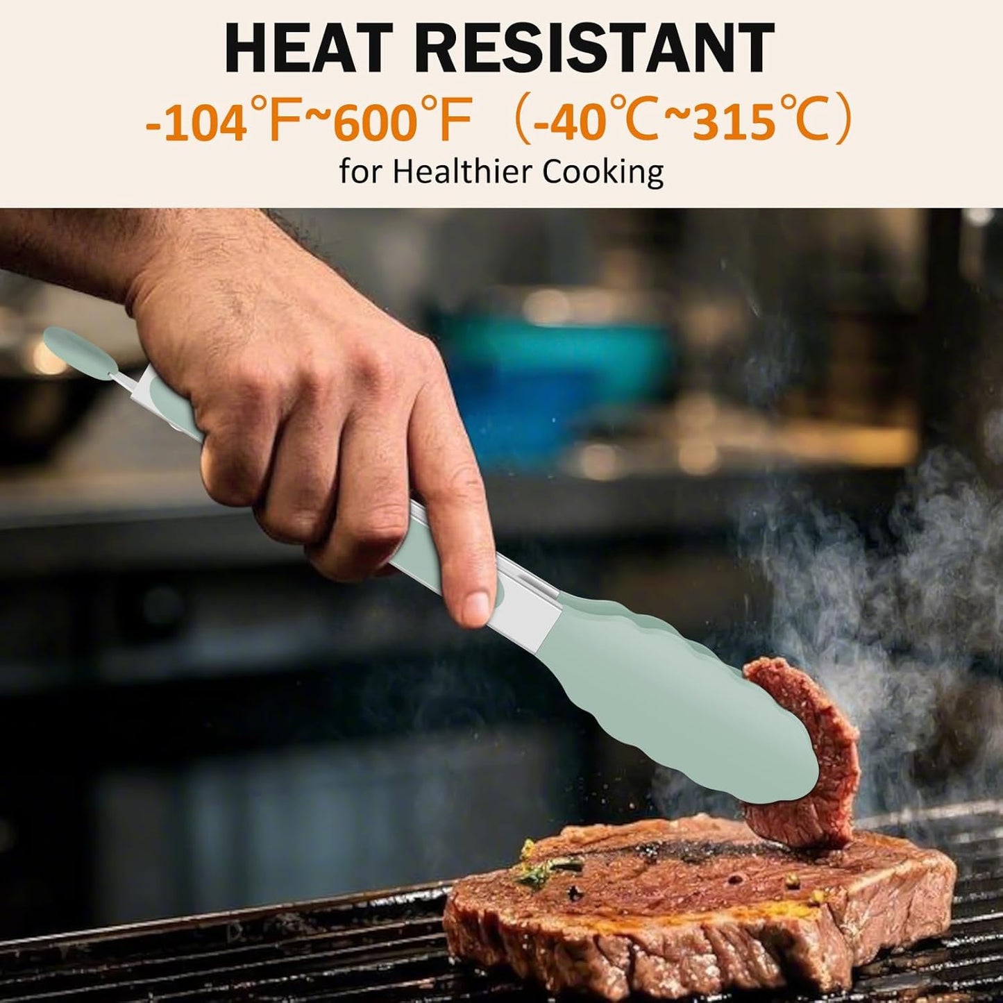 Kitchen Tongs, Stainless Steel Silicone Tongs for Cooking 600ºF High Heat-Resistant BBQ Grilling Locking Tongs, Set of 2-9" and 12" Light Green