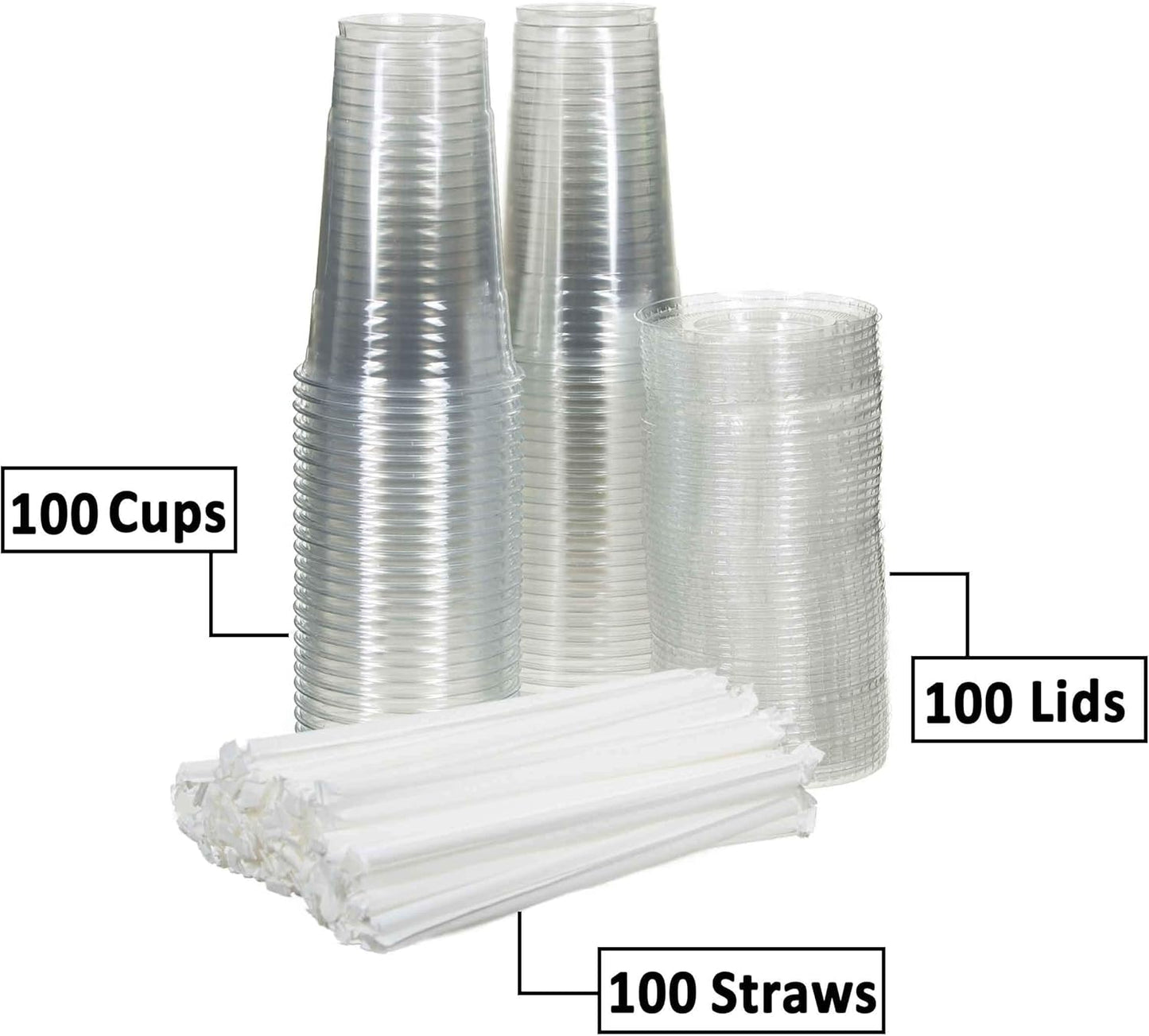 SafeWare Clear Disposable Plastic Cups 16oz with Flat Lids and Straws, Togo Disposable Iced Coffee Cups - Ideal for Party, Outdoor Picnic, BBQ, House Party, Restaurant Quality - 100 Sets
