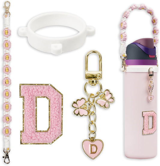 Cute Letter Charm Set Compatible with Owala Water Bottle 24 oz, 32 oz, 40 oz, Owala Kids, Owala Coffee Tumbler, Owala FreeSip – Includes Handle Strap, for Owala Accessories & Stanley Cup Accessories