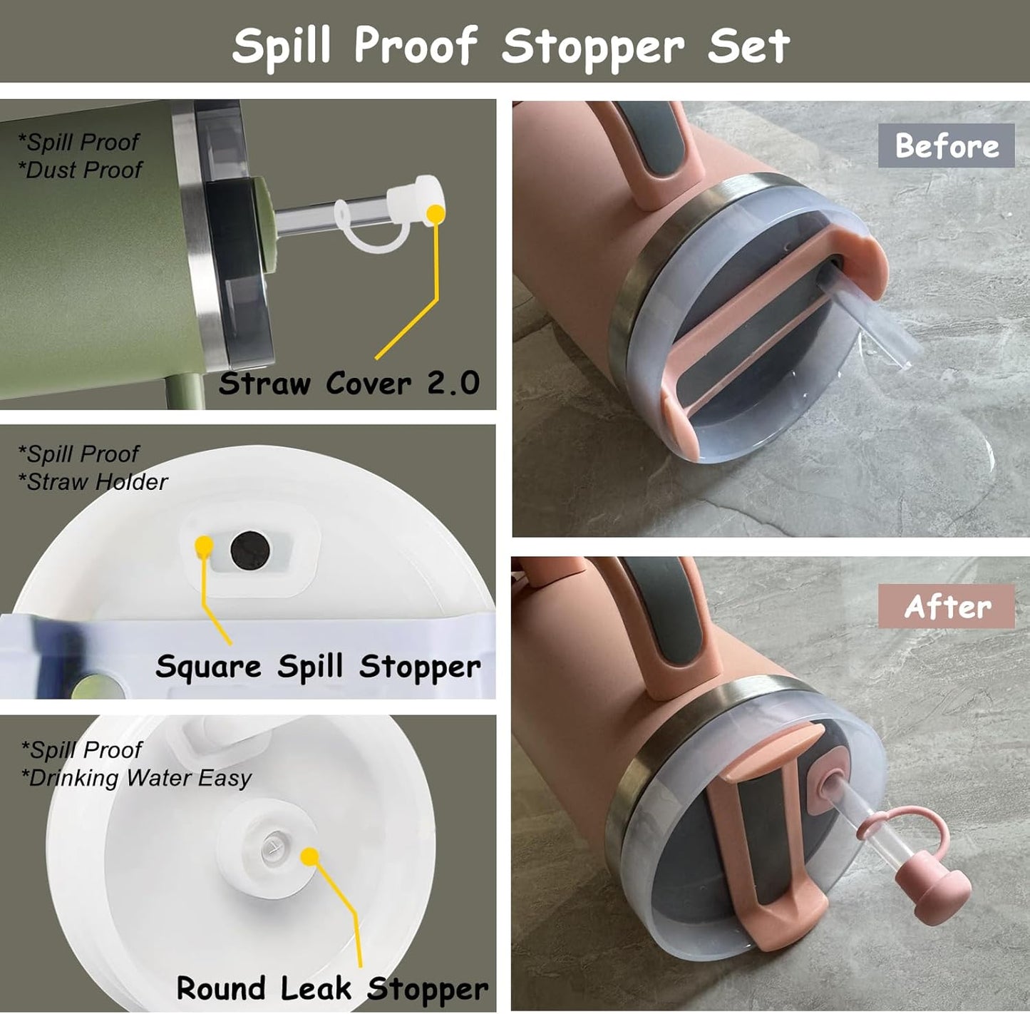 Stanley Cup Accessories Set,Including 2 Pcs 0.4in Straw Cover, 1 Silicone Spill-Proof Stopper Set of 3, 1 Cute Flower Handle Charm, 1 Silicone Boot Fits Stanley 40&30 Oz Tumbler (Dried Pine)