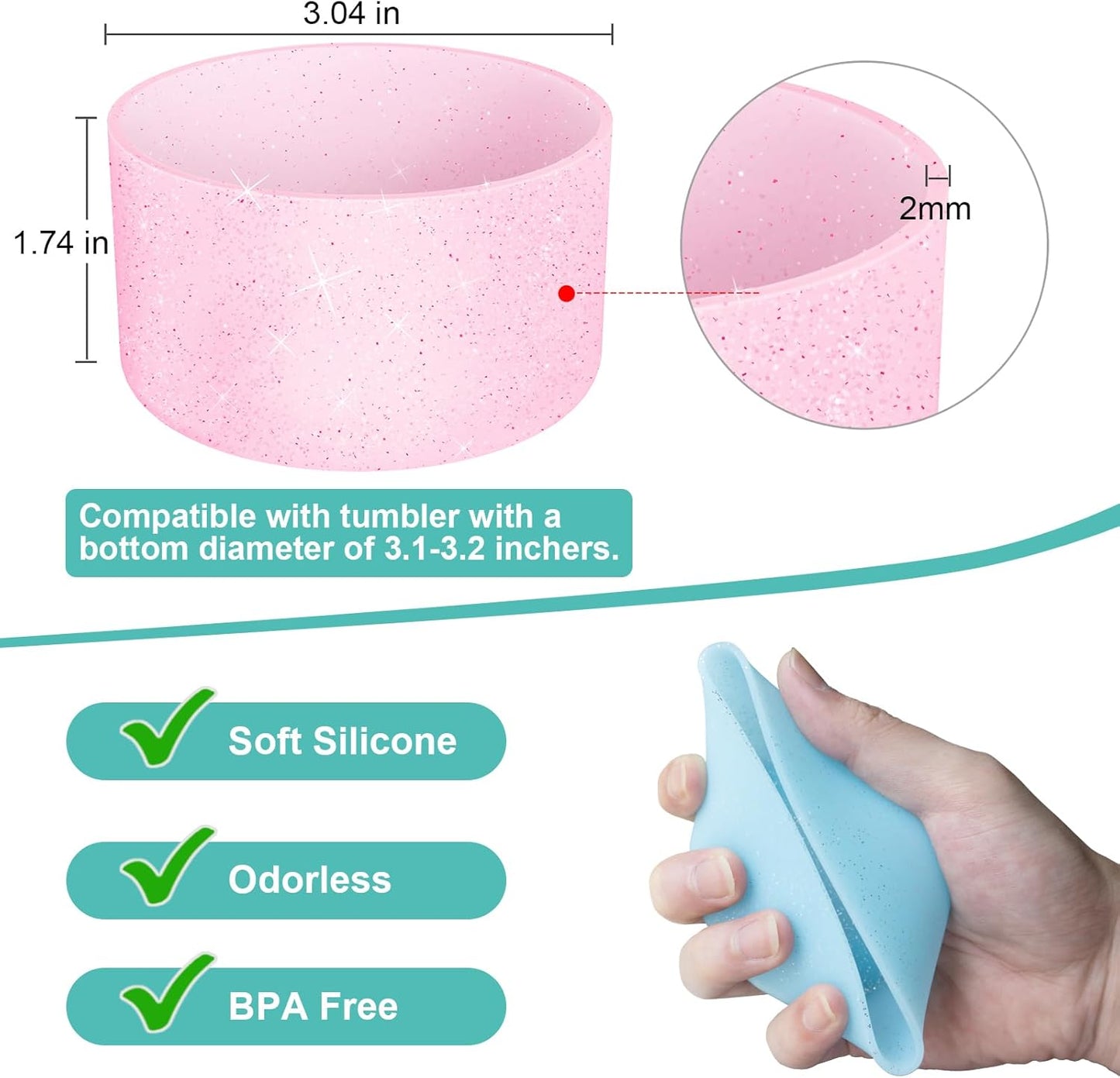 Upgrade 2PCS Protective Silicone Boot Bumper for Stanley Quencher Adventure 40oz 30oz IceFlow 20oz 30oz Tumbler, Water Bottle Bottom Sleeve Cover Accessories for Stanley Mug Cup(Glitter Pink)