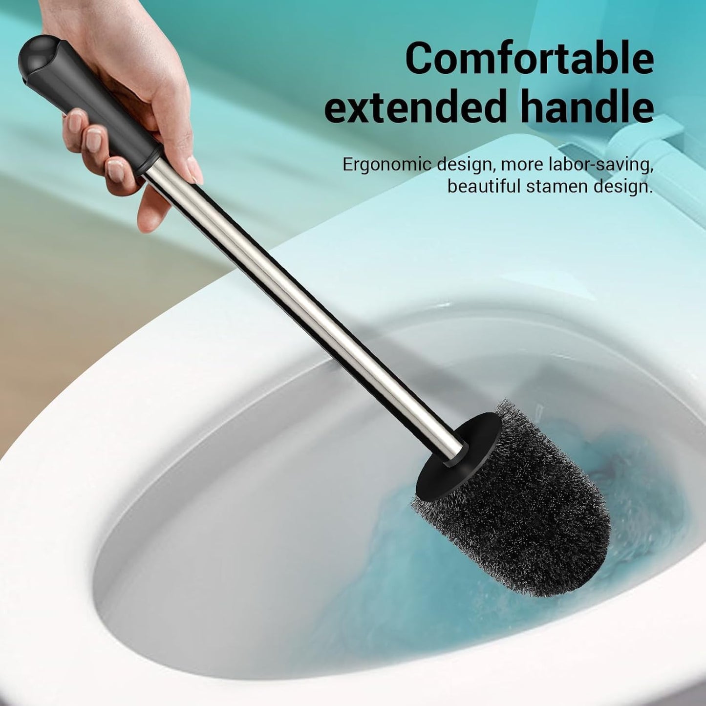 Compact Size Toilet Brush & Holder, 2 Pack, Stainless Steel Handle, Space Saving for Storage, Drip-Proof, Easy to Assemble, Black