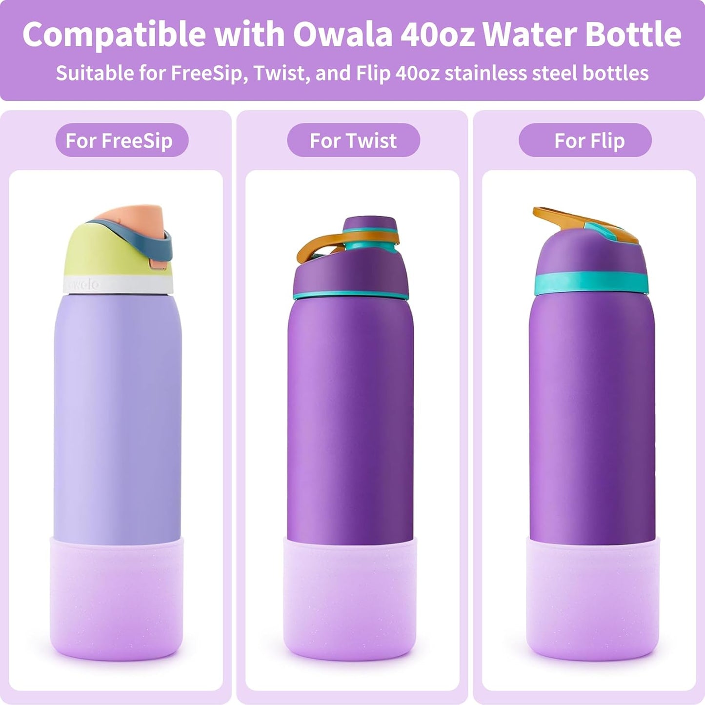 Silicone Water Bottle Boot for Owala 40 oz, Anti-Slip Protective Sleeve for Owala Twist & FreeSip & Flip Stainless Steel Water Bottle, Boot Bottom Base for Owala (Glitter Purple)