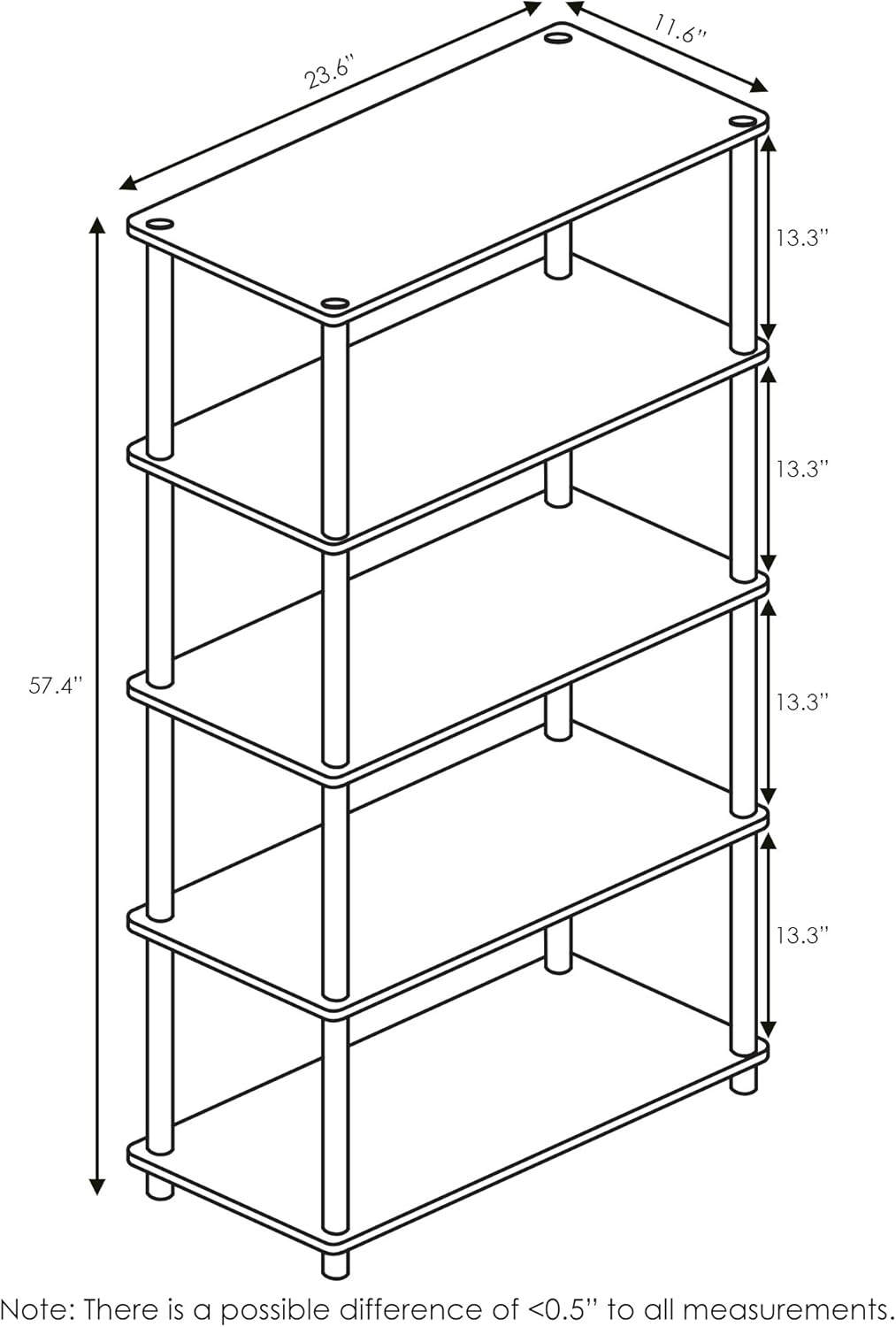 Furinno TURN-N-TUBE Storage Shelves, 5-Tier Book Shelf, Corner Shelf, Toolless Open Shelves, for Organization and Storage, Living Room, Garage, Home Office, Columbia Walnut
