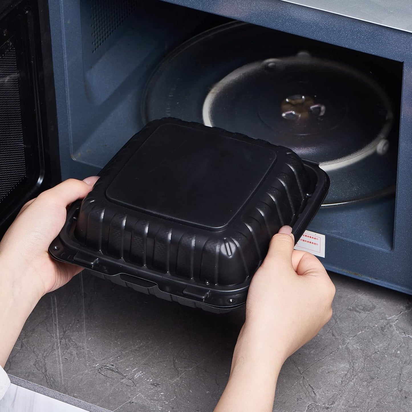 8X8" 3-Compartment 50-Pack Plastic Clamshell Takeout Food Trays Heavy Duty Togo Disposable Box For Pasta Salad Sandwich Carryout Meal Prep Packaging Catering Hinged Containers With Secure Snap Lid