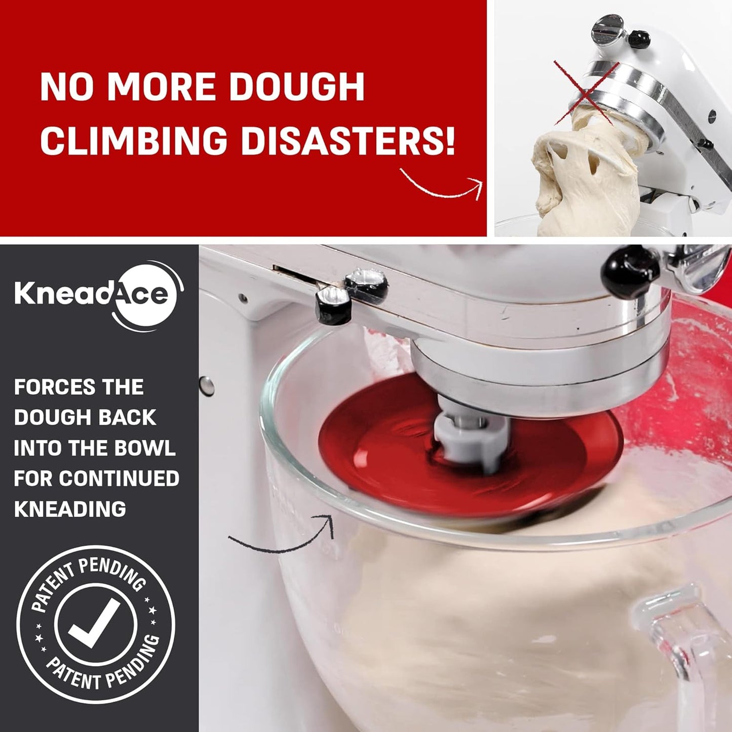 KneadAce Dough Hook Shield For Kitchen Aid - Prevents Your Dough from Climbing Up and Clogging Up Your Mixer – Mess Free Mixer Accessory Compatible With Most KitchenAid C Shape Dough Hooks (Red)