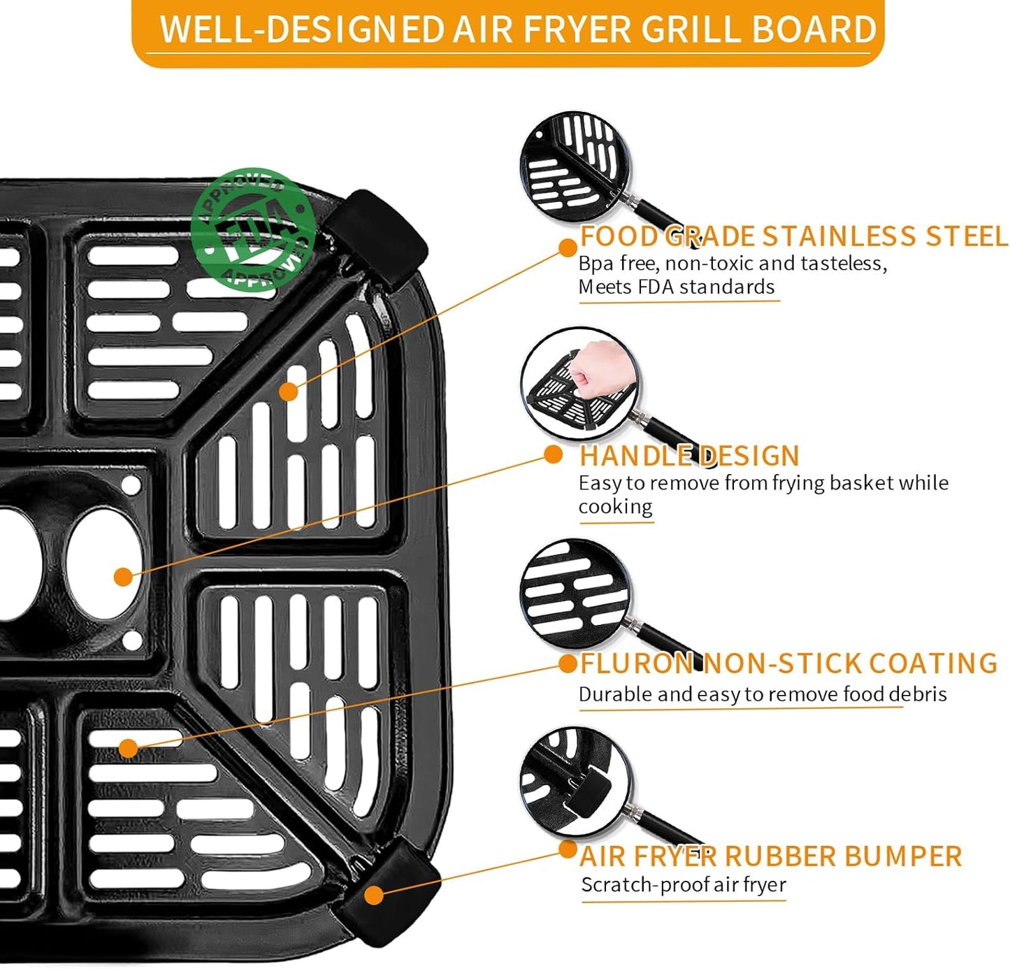Air fryer Replacement Parts for BLACK+DECKER Purify 2QT Air Fryer, 6.3’’×6.3’’ Air Fryer Grill Pan Grill Plate Crisper Plate Accessories Tray Rack