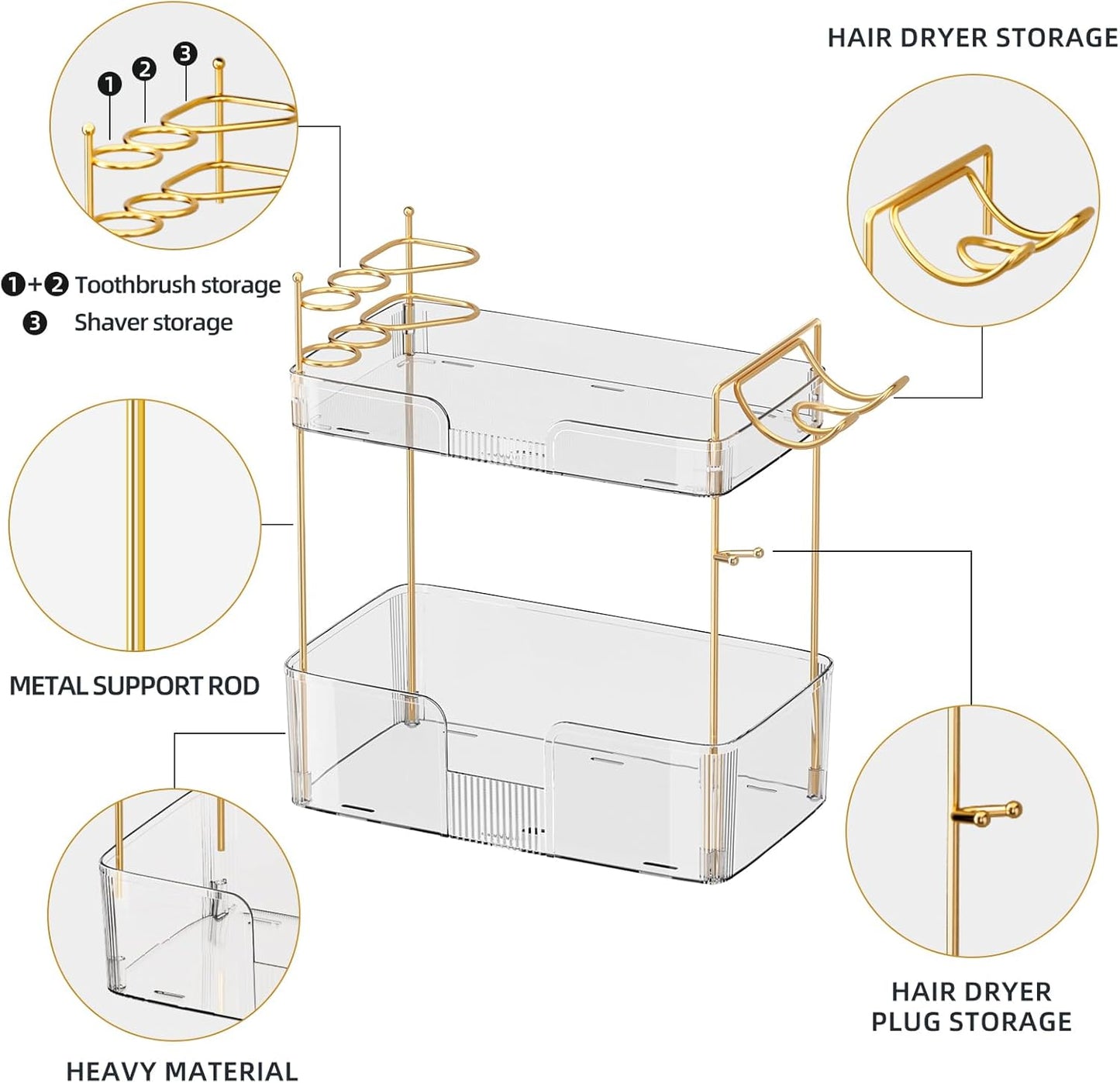 2-Tier Bathroom Counter Organizer with Hair Dryer Holder, Modern Style, Cosmetics & Skincare Shelf Organizer