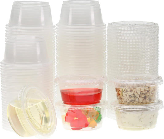 Freshware Plastic Portion Cups with Lids [2 Ounce, 400 Set] Disposable Plastic Cups for Meal Prep, Salad Dressing, Jellos Shot Cup, Condiment and Dipping Sauce Cup