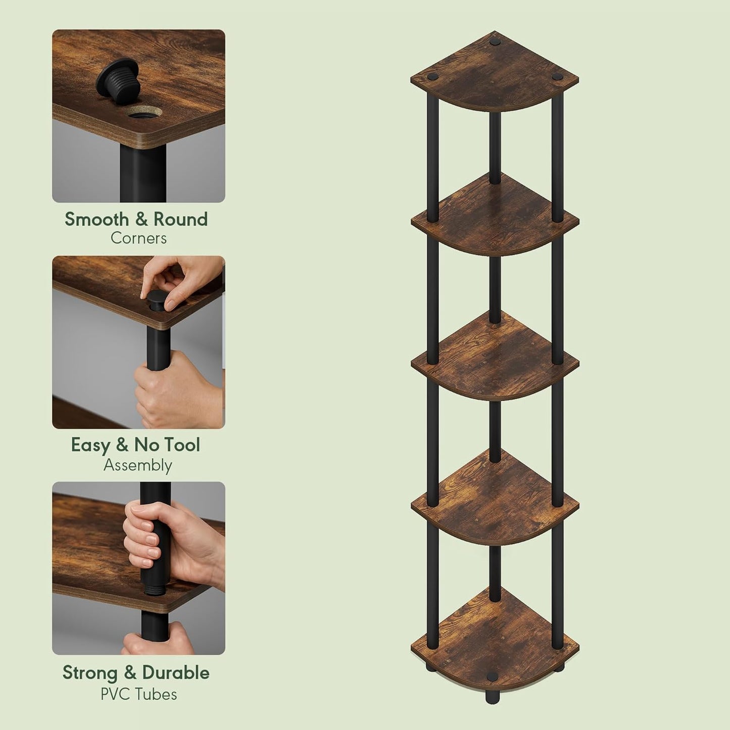 Furinno Turn-N-Tube Corner Shelf, 5-Tier Corner Bookshelf, Open Storage Shelves, for Organization and Storage, Living Room, Home Office, Garage, Bedroom, Amber Oak