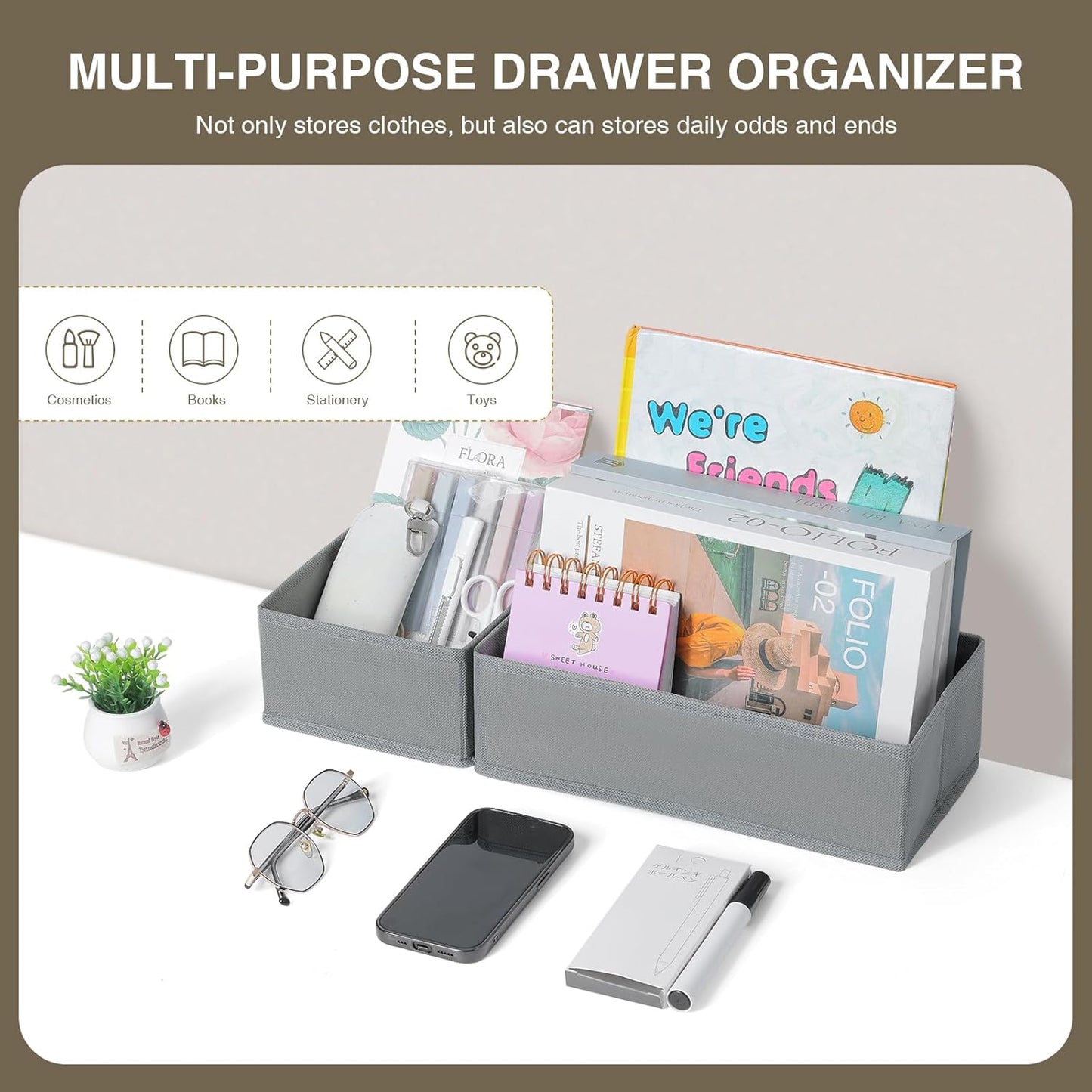 DIMJ Drawer Organizers Clothes, Set of 4 Dresser Organizer Bins, Fabric Closet Organizers and Storage, Shallow Drawer Dividers for Nursery, Clothing, Baby Clothes, Socks, Underwears, Tie (Grey)