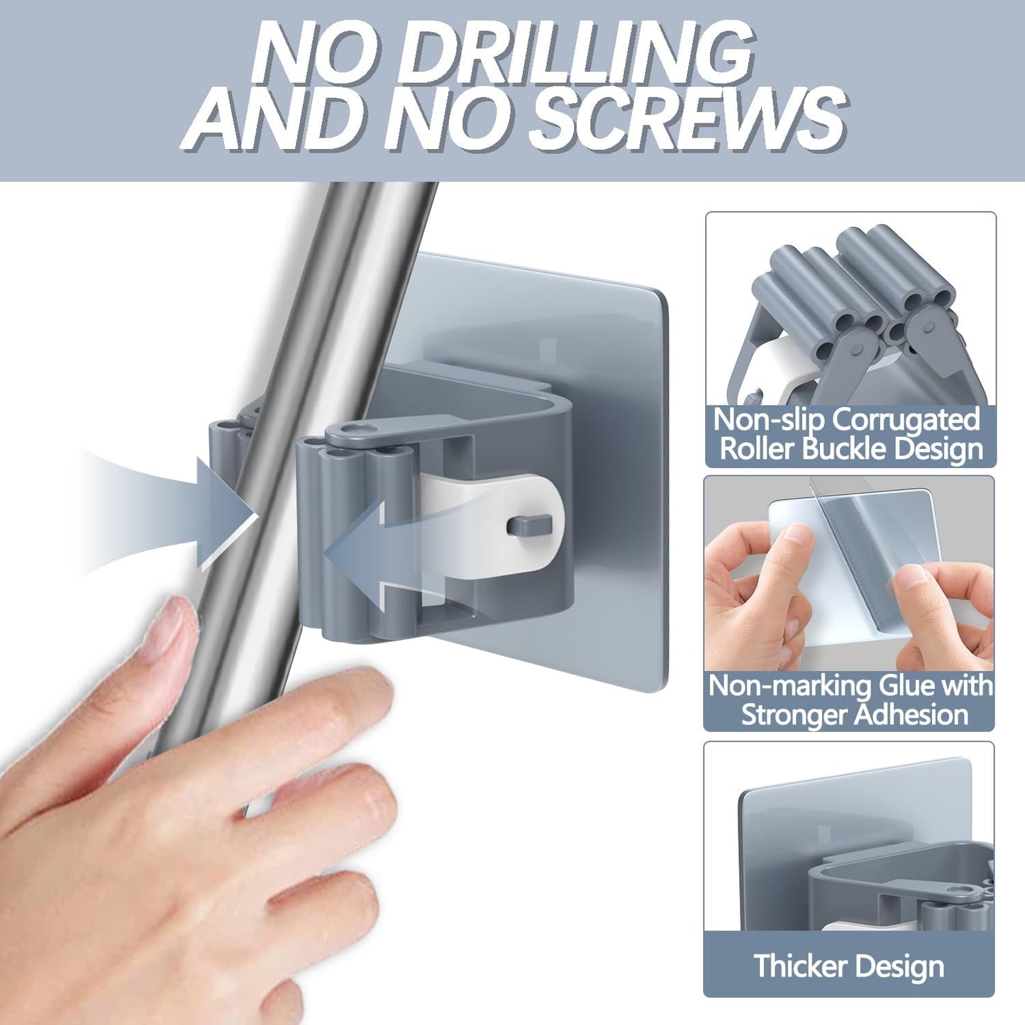 3-H 8-Pack Self Adhesive Broom Holder Wall Mount - Heavy Duty No Drill Broom Organizer for Garage Closet Kitchen, Plastic Storage Rack for Brooms Mops Tools, Peel and Stick Adhesive