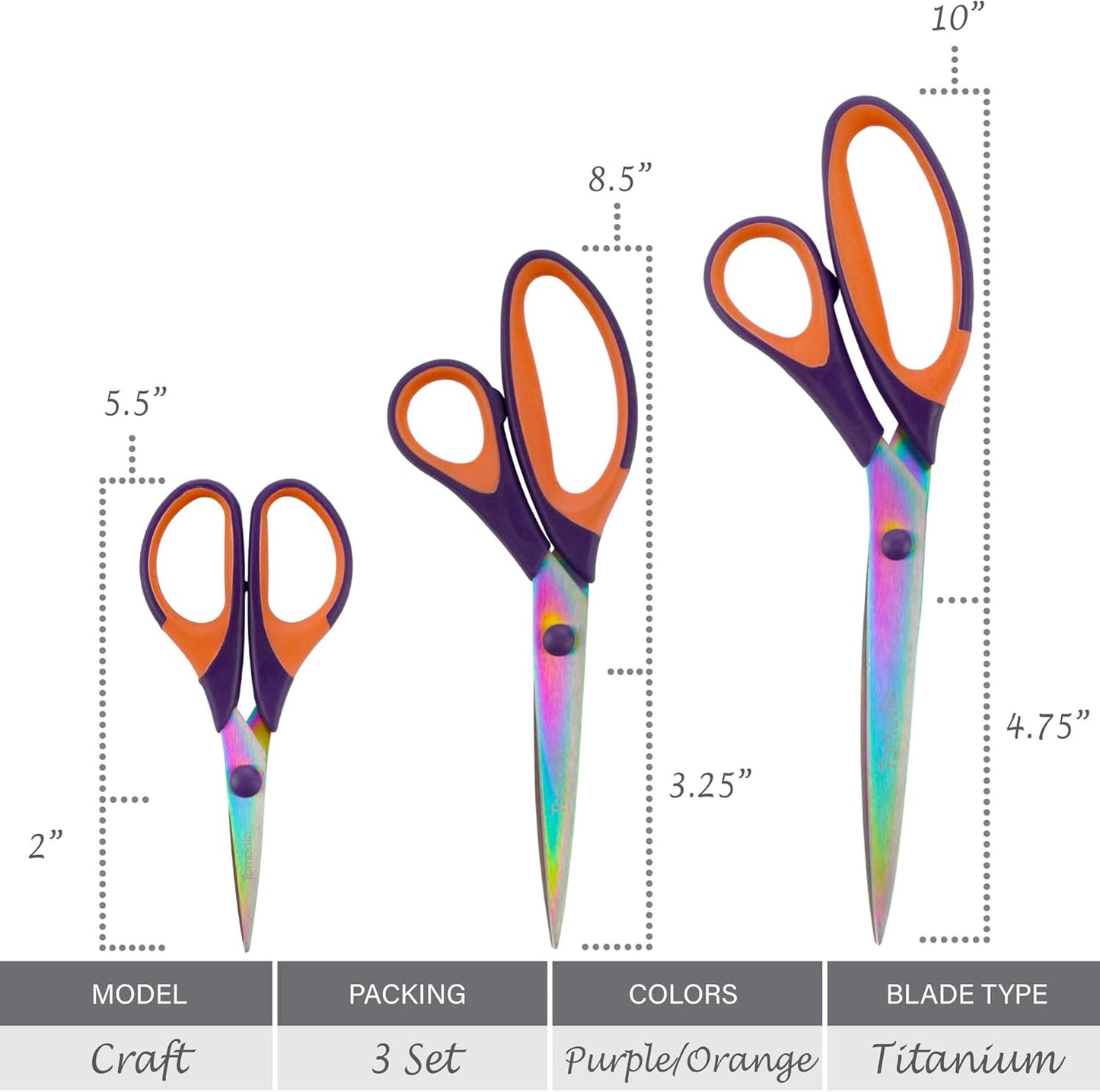 BambooMN Titanium Softgrip Scissors Set for Sewing, Arts, Crafts, Office - Purple w/Orange - 30 Set of 3