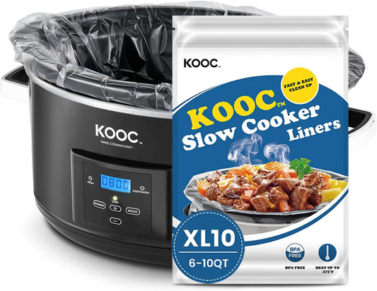 KOOC Slow Cooker Liners 14"x22" 10 Count Extra Large Size Disposable Pot Liners Christmas Cooking Bags Fit 6 qt to 10 qt Pot BPA Free Fresh Locking Seal Design