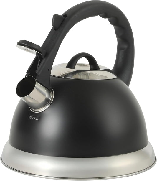 Mr. Coffee Clarefield 2.4 Qt Whistling Tea Kettle – Matte Black Stovetop Water Kettle with Lid, Heat-Resistant Nylon Handle and Knob, Stainless Steel Trim