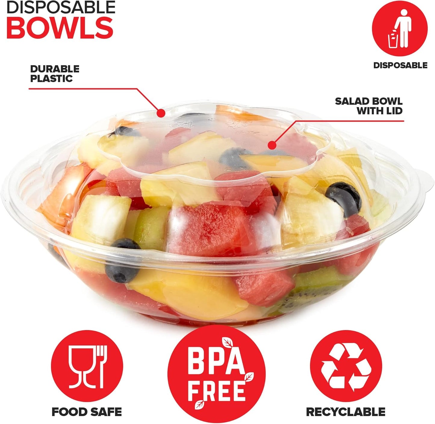 Stock Your Home 18oz Clear Plastic Salad Bowls with Lids Disposable (50 Pack) Mini Takeout Container with Snap on Lid for Fruit Salads, Quinoa, Lunch and Meal Prep, Acai Bowl, To-Go Party Containers