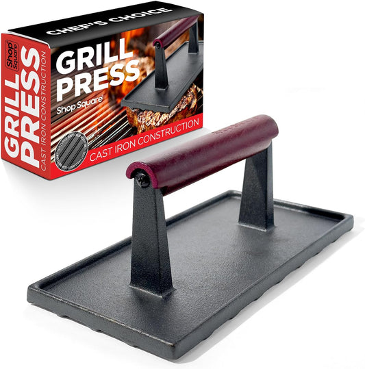 Cast Iron Grill Press - 8 x 4 Inch, 2.6 lb Griddle Press with Cool-Touch Wood Handle - Pre-seasoned for Steak, Burgers, Sandwiches, and Paninis – Non-Stick Grill Weight