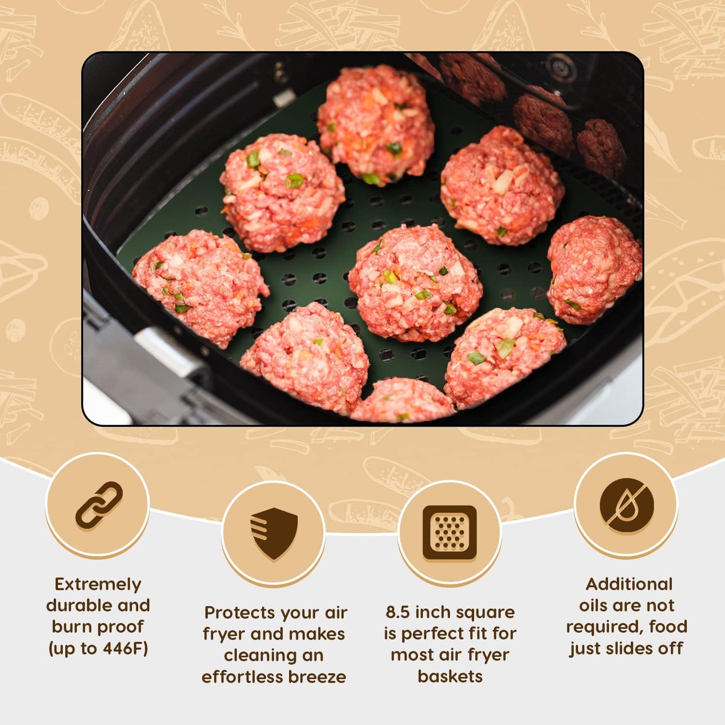 Reusable Square Silicone Air Fryer Liners (8.5 Inch, 3 Pack) by Linda’s Essentials - Non-Stick, Easy-Clean Accessories with Cheat Sheet & Recipe Book, Perfect for Quick Meals