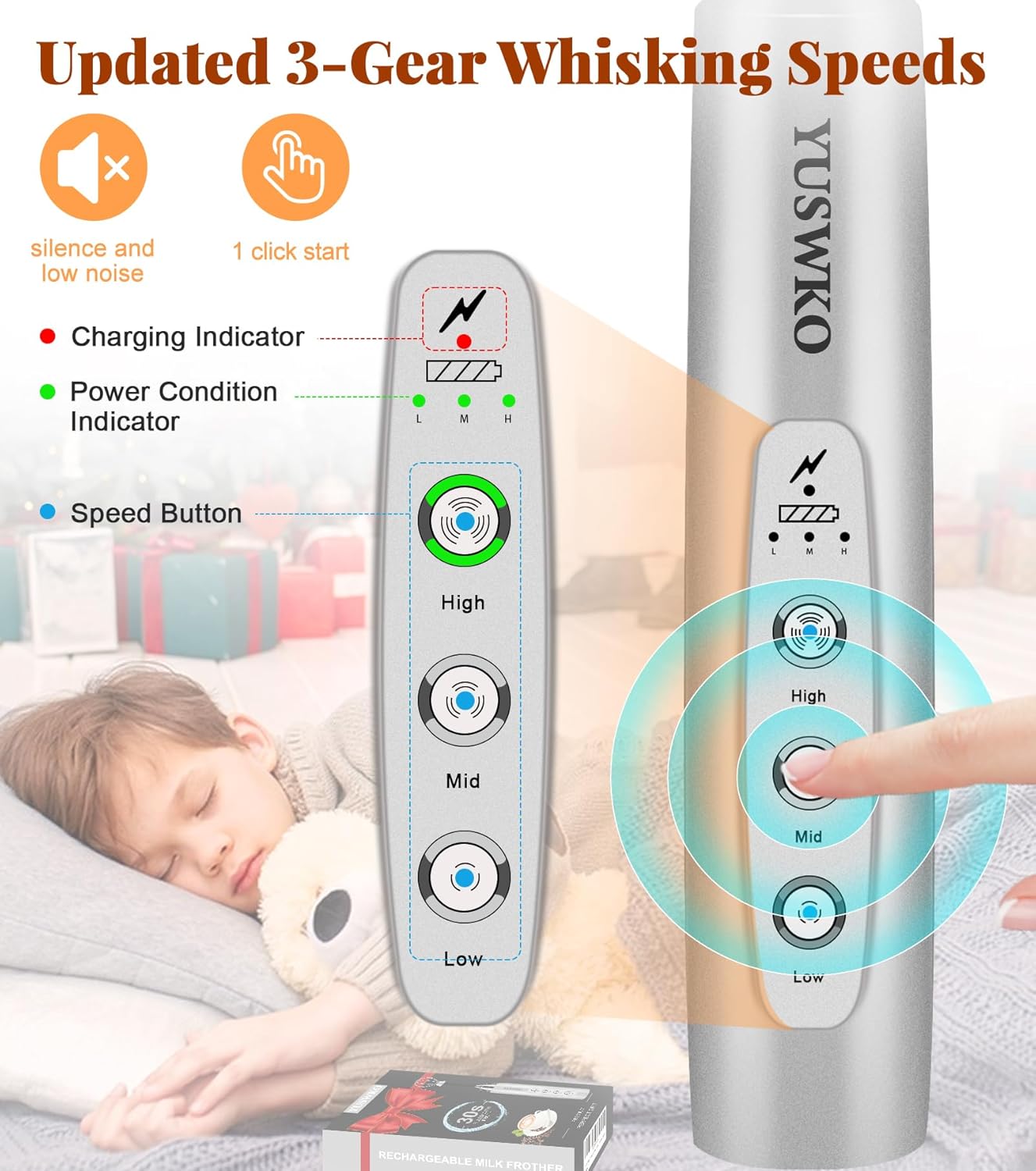 YUSWKO Milk Frother Handheld for Coffee, Rechargeable Drink Mixer with 3 Heads 3 Speeds Electric Coffee Frother Whisk, Gift for Many Occasions and Festival