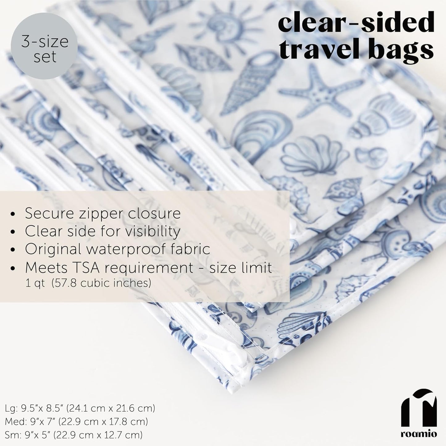 Roamio Travel Bag, Toiletry, TSA Approved Pouch, Zip Quart Size Airline Compliant, Clear-Sided, Baby, Diaper Bag Organization, Makeup, Accessories, Carry On Packing, Set of 3 Sizes, Blue Shells